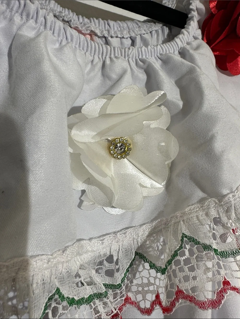 Girls White and Red Folkloric Dress with Green Accents